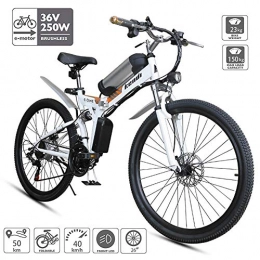 FJW Electric Bike Unisex Dual Suspension Electric Mountain Bike, 26 inch E-bike High-carbon Steel Pedal Assisted Hybrid Folding Bike with 36V Removable Lithium Battery, Shimano 21 Speed Gear for Commuter City, White