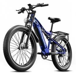 VLFINA Electric Bike VLFINA Full suspension Electric Bike for adult, 26inch Fat Tire 7speed Electric Mountain Bike, 48V15Ah removable Lithium Battery, Dual hydraulic disc brakes ebike (Blue)