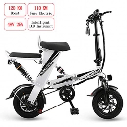 W&TT Electric Bike W&TT Folding Electric Bike Adult 48V 25AH 350W High Power Double E-bike with Endurance 110KM and Top Speed 25km / h, Double Disc Brakes 12" City Bicycle, White