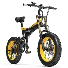 LANKELEISI  X3000plus-UP Folding Electric Bike for Men and Women, 20 Inch Mountain Bike, Pneumatic Shock Absorbers Front Fork (Yellow, 17.5Ah + 1 Spare Battery)