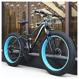 HGDM Fat Tyre Bike HGDM Dual-Suspension Mountain Bikes with Dual Disc Brake for Adults Men Women, All Terrain Anti-Slip Fat Tire Mountain Bicycle, High-Carbon Steel Mountain Trail Bike, Blue, 24 Inch 27 Speed
