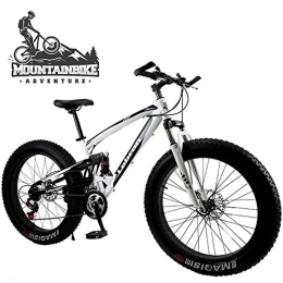 NENGGE Fat Tyre Bike NENGGE Dual-Suspension Mountain Bike with Mechanical Disc Brakes, Fat Tire Mountain Trail Bikes for Adults Men Women, High Carbon Steel Mountain Bicycle, Adjustable Seat, White, 26 Inch 30 Speed