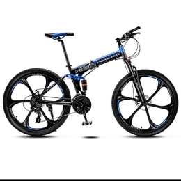 BSWL Folding Bike 24 Variable Speed Six Cutter Wheel Adult Off-Road Mountain Bike Men And Women Bicycle Folding Variable Speed Double Shock Absorber Student Racing, Black And Blue, 24