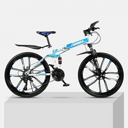 buzhidao Folding Bike 26in Folding Mountain Bike, 21-Speed Mountain Bicycles, double shock-absorbing off-road variable speed racing, Thickened high carbon steel folding frame Quickly fold and easy to carry-Blue_and_white_1