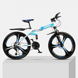 buzhidao Folding Bike 26in Folding Mountain Bike, 21-Speed Mountain Bicycles, double shock-absorbing off-road variable speed racing, Thickened high carbon steel folding frame Quickly fold and easy to carry-Blue_and_White_2