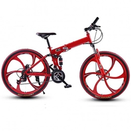 26Inch High-Carbon Steel Mountain Folding Bike Six-Cutter Wheel Double Disc Brake Shock Absorber Variable Speed Outdoor Off-Road Bike,Red,24 speed
