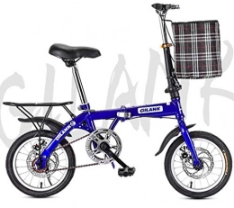 Asdf Folding Bike Adult mountain bike- Folding Bikes, 20''Lightweight Folding City Bicycle Bike Double Disc Brake with front basket and rear tailstock (Color : Blue, Size : 14Inch)