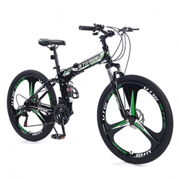 AZXV Folding Bike Adults Folding Mountain Bike Full Suspension High-Carbon Steel Bike，21 Speeds Drivetrain，3-Spokes 26 Inch Wheels，Mechanical Dual Disc-Brakes，Shock-absorbing Shifting green