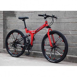WEHOLY Folding Bike Bicycle Mountain Bike, 24 Speed Dual Suspension Folding Bike, with 24 Inch 10-Spoke Wheels and Double Disc Brake, for Men and Woman, Red, 27speed