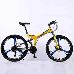 WEHOLY Folding Bike Bicycle Mountain Bike, 24 Speed Dual Suspension Folding Bike, with 24 Inch 3-Spoke Wheels and Double Disc Brake, for Men and Woman, Yellow, 27speed