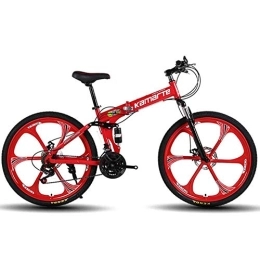 WEHOLY Folding Bike Bicycle Unisex Mountain Bike, 24 Speed Dual Suspension Folding Bike, with 26 Inch 6-Spoke Wheels and Double Disc Brake, Red, 27speed