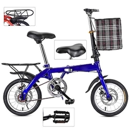 DORALO Folding Bike Bike Variable Speed Folding Bicycle, Portable Lightweight Damping Bicycle with Cycling Baskets And Carrier Frame, Adjustable Seat Bike for Adult Child Student, Single Speed Disc Brake, Blue, 14 inch