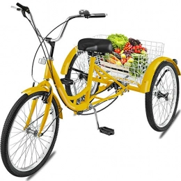 CXSMKP Folding Bike CXSMKP Adult Tricycle 20'' 1-Speed 3 Wheel Yellow Trike Bike Shopping W / Lock Bike, Adjustable Rubber Handle, Large Rear Basket, Front And Rear Brakes, Load150kg