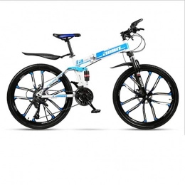 DGAGD Folding Bike DGAGD 24 inch folding mountain bike adult one-wheel double shock-absorbing off-road variable speed bicycle ten cutter wheels-White blue_21 speed