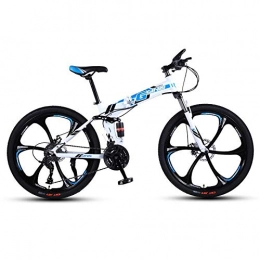 DGAGD Folding Bike DGAGD 24-inch folding mountain bike with double shock absorber racing off-road variable speed bike with six cutter wheels-White blue_21 speed