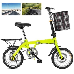 DORALO Folding Bike DORALO Folding City Bicycle Compact Bike, Adjustable Seat Outdoor Bike with Cycling Baskets And Carrier Frame, Mountain Bike for Adult Child Student, Single Speed Disc Brake, Green, 14 inch