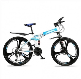 Double shock-absorbing one-wheel cross-country folding mountain bike bicycle three-cutter wheel-White blue_21 speed