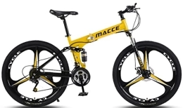 DPCXZ Folding Bike Foldable Frame Bicycle, 26“ Thick Wheel Mountain Bike, Adult Three Knife Wheel Mountain Trail Bike, 21 Speed Bicycle High-Carbon Steel Frame Dual Full Suspension Dual Disc Brake Yellow, 26 inches