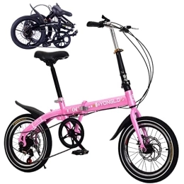 Generic Bike Folding Bikes for Adults with 6 Riding Speed Carbon Steel Frame Folding Bike - Lightweight Portable Bike for Women and Men - City Bicycle for Work School, Pink, 16inch