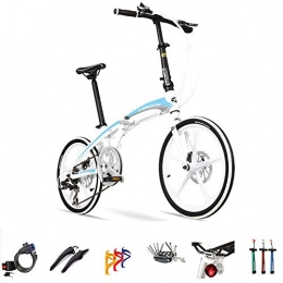 SYLTL Bike Folding City Bicycle Aluminum Alloy Wheel Unisex Adult Suitable for Height 140-185 cm Foldable Bike 20 Inches Variable Speed Folding Bike, whiteblue