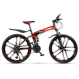 FXMJ Folding Bike Folding Mountain Bike, Full Suspension MTB Foldable Frame 26" 10 Spoke Wheels, High Carbon Steel Adult Bike, Disc Brake, Red, 21 Speed