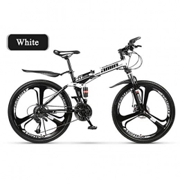 FXMJ Bike Folding Mountain Bike, Full Suspension MTB Foldable Frame 26" 10 Spoke Wheels, High Carbon Steel Adult Bike, Disc Brake, White, 30 Speed