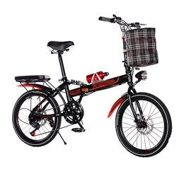 HENGSEN Folding Bike HENGSEN Folding wheel in, adult teenagers for folding wheel Quick fold system 6 brakes with variable speed City wheel with taillight and auto basket, Red