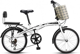 HEZHANG Folding Bike HEZHANG 20-Inch Bicycle, Unisex 7-Speed Folding Commuter Bike with Basket and Back Seat, Essential for The Car Trunk, White