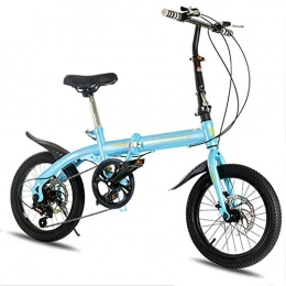 HUJUNG Folding Bike HUJUNG Light Carbon Steel Folding City Bicycle - 16 inchVariable Speed Speed Double Disc Brake Damper Mini Bicycle, Blue