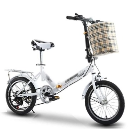 JHNEA Bike JHNEA 16 Inch 6 Speed Folding Bike, Low Step-Through Steel Frame Foldable Compact Bicycle with Rack and Carrying Bag Urban Riding and Commuting, White-B