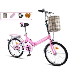 JHNEA Folding Bike JHNEA 16 Inch Folding Bike, Single Speed Low Step-Through Steel Frame Foldable Compact Bicycle with Comfort Saddle Carrying Bag and Rack, Pink-B