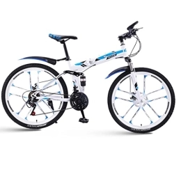 KDHX Folding Bike KDHX Mountain Bike with 26 Inch Wheels 30 Speed Foldable Bicycle High Carbon Steel Frame Soft Tail Frame Disc Brake System for Adults and Youth (Color : White blue)