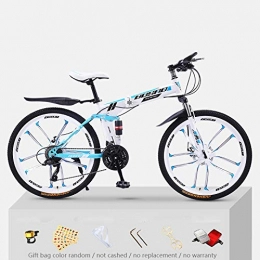 KNFBOK Folding Bike KNFBOK bikes for adults Mountain bike adult 21 speed thick steel frame folding bicycle 26 inch double shock off-road boys and girls White and blue ten-knife wheel