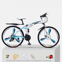 KNFBOK Folding Bike KNFBOK bikes lightweight Mountain bike adult 21 speed thick steel frame folding bicycle 26 inch double shock off-road boys and girls White and blue three-knife wheel
