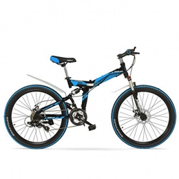 LANKELEISI  LANKELEISI K660M 24 inch Folding MTB Bike, 21 Speed folding bicycle, Lockable Fork, Front & Rear Suspension, Both Disc Brake, Mountain Bike (Black Blue, 24 Inches)