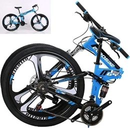 SJWR Folding Bike Mountain Bike 24 Speed Steel Frame 26 Inches Wheels Dual Suspension Folding Bike, Blue