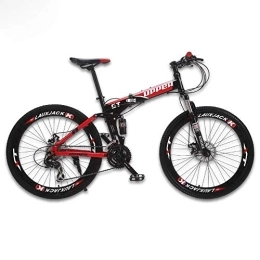  Bike Mountain Bike Fold Bicycle Cycling Full Suspension System Steel Folding Frame 24 Speed Disc Brakes (Black red)