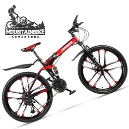 NENGGE Bike NENGGE 24 Inch Mountain Bike for Adult Men Women, All Terrain Off-Road Foldable Mountain Bicycle with Dual Suspension & Disc Brake, Adjustable Seat & High Carbon Steel Frame, 10 Spoke Red, 30 Speed