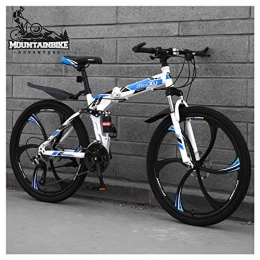 NENGGE Folding Bike NENGGE 26 Inch Mountain Trail Bike for Adults Men and Women, Dual Suspension Mountain Bicycle with Disc Brakes, Foldable High Carbon Steel Frame, Adjustable Seat, Blue 6 Spoke, 21 Speed