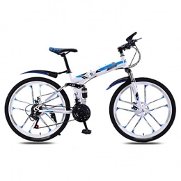 NYPB Folding Bike NYPB Adult Mountain Bike, Dirt Bike Mountain Bike High Carbon Steel Folding Outroad Bicycles with Double Disc Brake 21 / 24 / 27 / 30-Speed Bicycle Full Suspension, White blue D, 21 speed 26in