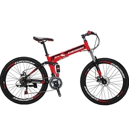 EUROBIKE  OBK 26 Inch Folding Mountain Bike Full Suspension Bikes Dual Disc Brake 21 Speed Bicycle for adults men or women (Aluminum Rims Red)