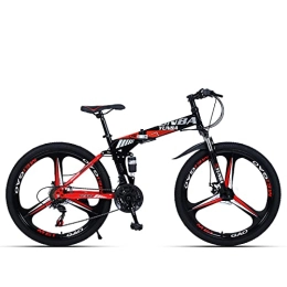 PBTRM Bike PBTRM Folding Mountain Bike 24 Inches, 3-Spoke Disc Brake Dual Suspension Adult Folding Bike MTB Bicycle, 21-30 Speed Rear Derailleur, Disc Brakes, for Mens, Womens, Red, 30Speed