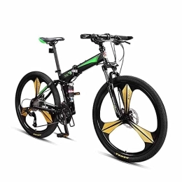 PY Folding Bike PY 26 inch Folding Mountain Bike with Full Suspension Mtb High Carbon Steel Frame, Featu3 Spoke Wheels and 27 Speed, Double Disc Brake and Dual Suspension Anti-Slip Bicycles / Black Green / 26Inch 27Speed