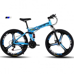 Qj Folding Bike Qj Mountain Bike, 26" inch 3-Spoke Wheels High-carbon Steel Frame, Dual Suspension with Disc Brakes, Blue, 21Speed