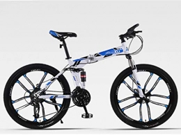 Qj Folding Bike Qj Mountain Bike 27 Speed Steel Frame 26 Inches Dual Suspension Folding Bike, White Blue