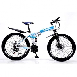Qj Folding Bike Qj Mountain Bike High-carbon Steel Frame 26 Inches Folding Bike with Double Disc Brake, Blue, 24Speed