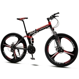QMMD  QMMD 26-Inch Mountain Bikes, Foldable Frame Dual Suspension Bicycle, Mens 21-24-27-30-Speed Anti-Slip Bikes, Adult Mountain Trail Bike with Dual Disc Brake, Red 3 Spoke, 30 speed
