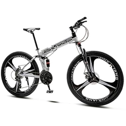 QMMD Bike QMMD 26-Inch Mountain Bikes, Foldable Frame Dual Suspension Bicycle, Mens 21-24-27-30-Speed Anti-Slip Bikes, Adult Mountain Trail Bike with Dual Disc Brake, White 3 Spoke, 30 speed