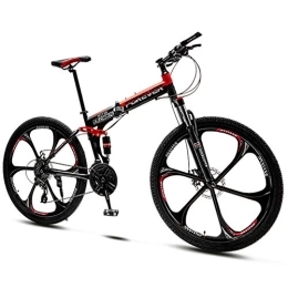 QMMD Bike QMMD Folding Mountain Bikes, 24-Inch Full Suspension Bicycle, Adult Mountain Trail Bike with Dual Disc Brake, 21-24-27-30- Speeds Anti-Slip Bikes, Bikes, Red 6 Spoke, 30 speed
