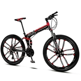 QMMD  QMMD Mountain Bikes Adult, 26-Inch Folding Mountain Trail Bike, Dual Disc Brake Mountain Bicycle, 21-24-27-30-Speed Anti-Slip Bikes, Full Suspension Road Bike, Red 10 Spoke, 21 speed